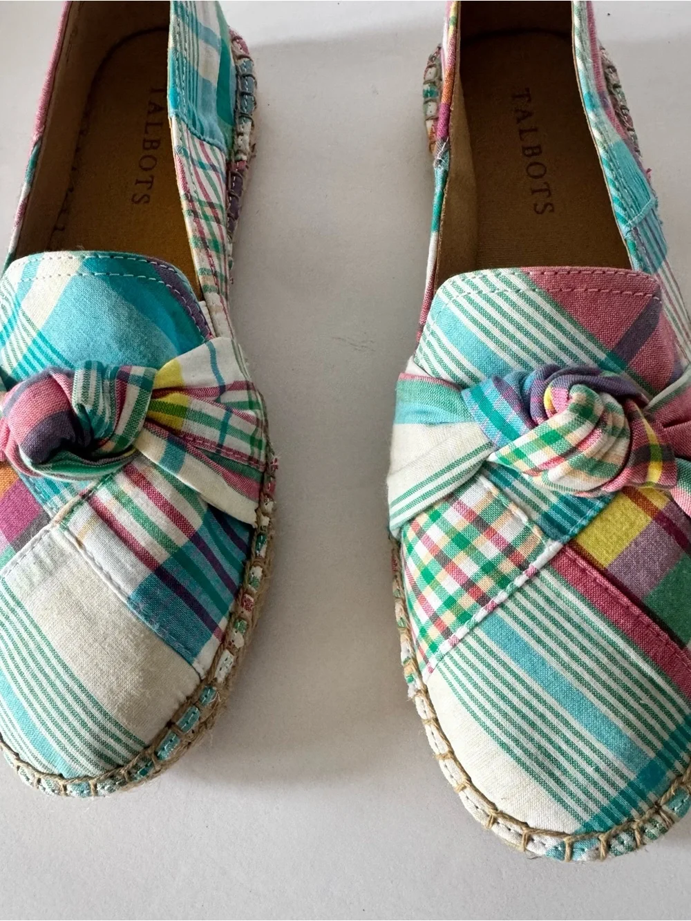 Talbots Women’s 7 Plaid knot Espadrille Flats Teal Pink Slip On Shoes Classic